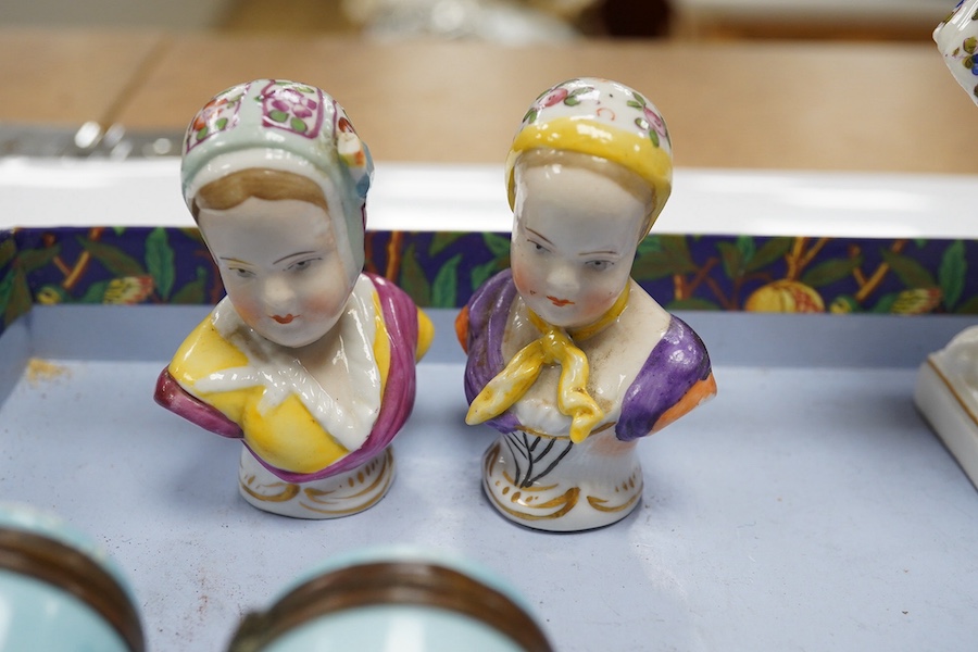 Three Continental porcelain busts and sundry ceramic boxes, 19th century, tallest 13cm. Condition - fair